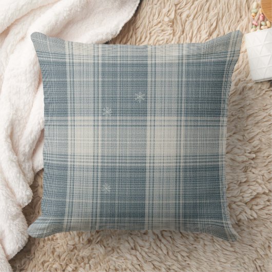 Frost Blue Nordic Plaid Snowflake Throw Pillow クッション (ブランケット)