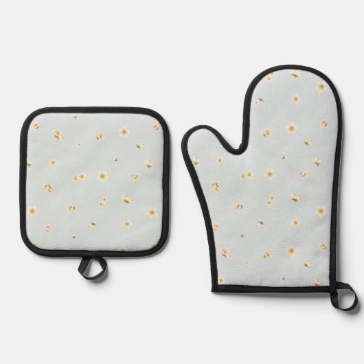 Frost Blue White Plum Blossom Floral Pattern 鍋つかみ&鍋敷きセット (正面)