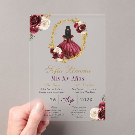 Frosted Acrylic Cherry Red Quinceañera Invitation アクリル招待状 (インサイチュ (ポータブル))