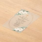FROSTED ACRYLIC First Communion White Rose Floral アクリル招待状 (レイダウン)