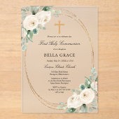 FROSTED ACRYLIC First Communion White Rose Floral アクリル招待状 (正面)