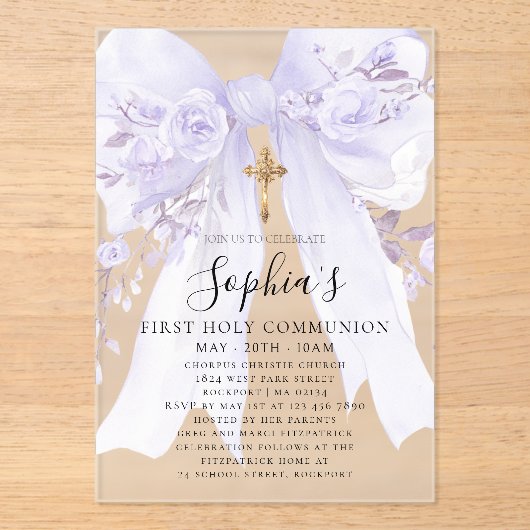Frosted Acrylic Purple Bow Rose First Communion アクリル招待状 (正面)