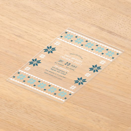 Frosted Aqua Ugly Sweater Christmas Party アクリル招待状 (レイダウン)