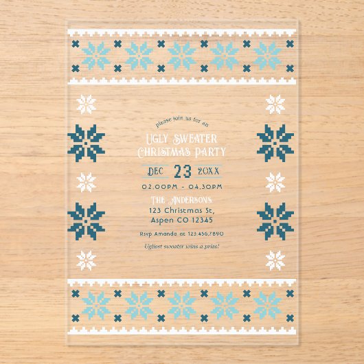 Frosted Aqua Ugly Sweater Christmas Party アクリル招待状 (正面)