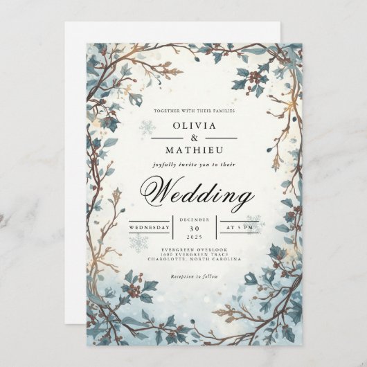 Frosted Berry Arch Winter Wedding 招待状 (正面/裏面)