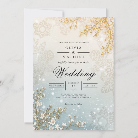 Frosted Bloom Winter Romance Wedding 招待状 (正面)