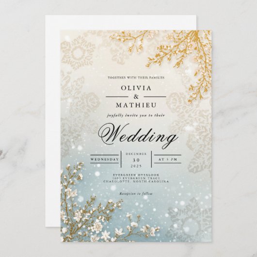 Frosted Bloom Winter Romance Wedding 招待状 (正面/裏面)