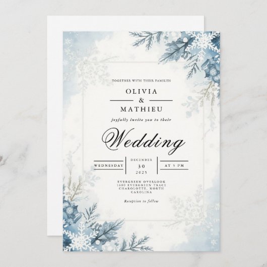 Frosted Bloom Winter Wedding 招待状 (正面/裏面)