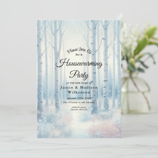  Frosted Blue Birch Forest Housewarming Party 招待状 (スタンド正面)