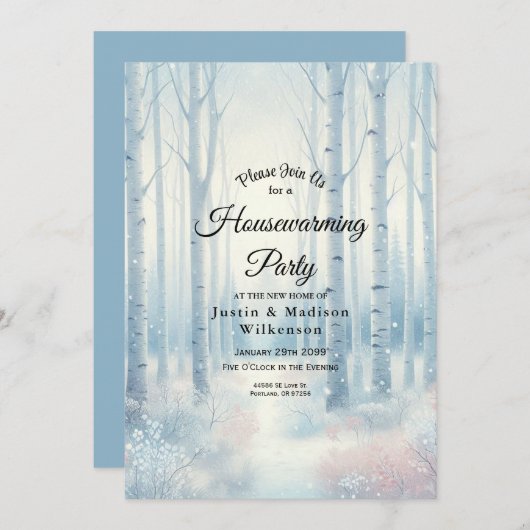  Frosted Blue Birch Forest Housewarming Party 招待状 (正面/裏面)
