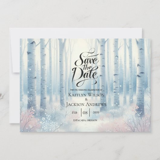 Frosted Blue Birch Forest Wedding セーブザデート (正面)