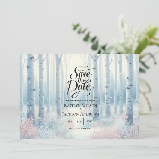 Frosted Blue Birch Forest Wedding セーブザデート (スタンド正面)