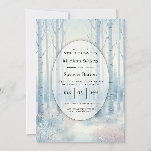 Frosted Blue Birch Forest Wedding 招待状 (正面)