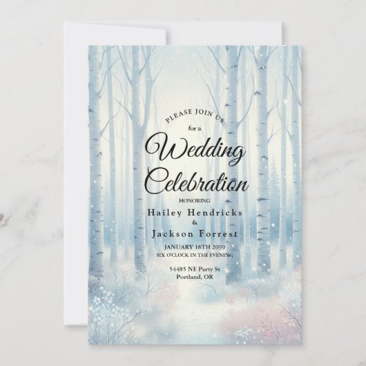 Frosted Blue Birch Forest Wedding 招待状 (正面)