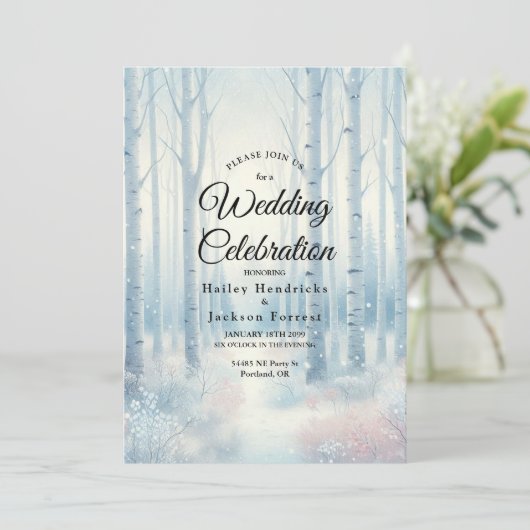 Frosted Blue Birch Forest Wedding 招待状 (スタンド正面)