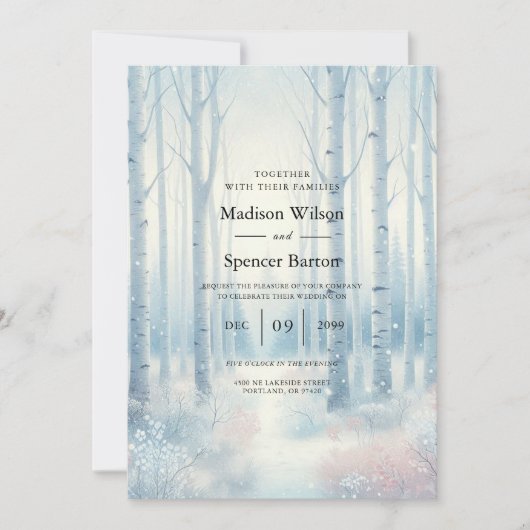 Frosted Blue Birch Forest Wedding 招待状 (正面)