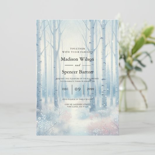 Frosted Blue Birch Forest Wedding 招待状 (スタンド正面)