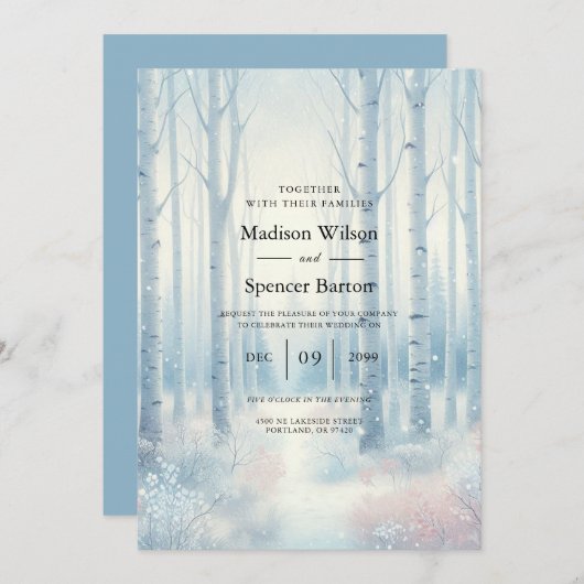 Frosted Blue Birch Forest Wedding 招待状 (正面/裏面)