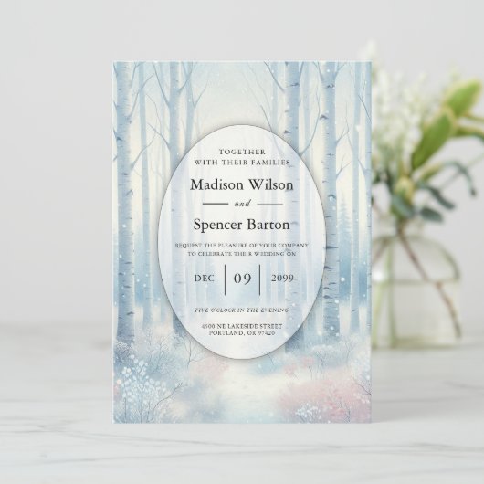 Frosted Blue Birch Forest Wedding 招待状 (スタンド正面)