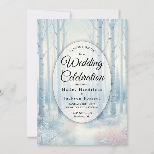 Frosted Blue Birch Forest Wedding 招待状 (正面)