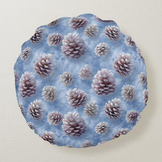 Frosted Blue Pinecones Pattern Throw Pillow ラウンドクッション (裏面)