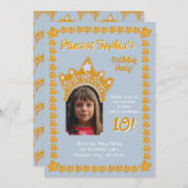 Frosted Blue Princess Crown Floral Photo Birthday 招待状 (正面/裏面)