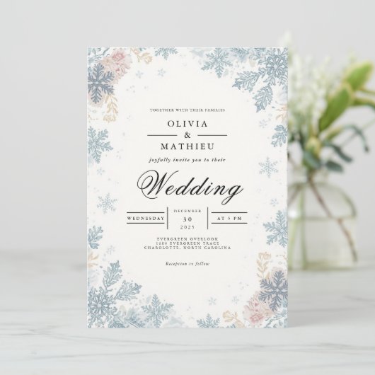 Frosted Blue Snowflakes Winter Wedding 招待状 (スタンド正面)