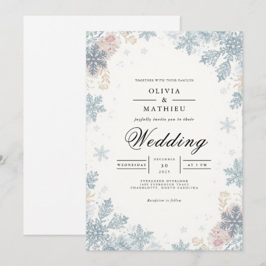 Frosted Blue Snowflakes Winter Wedding 招待状 (正面/裏面)