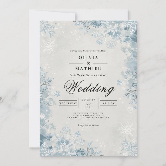 Frosted Blue Winter Blooms Wedding 招待状 (正面)