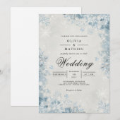 Frosted Blue Winter Blooms Wedding 招待状 (正面/裏面)