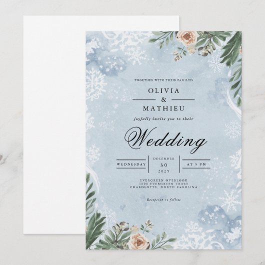 Frosted Botanical Winter Wedding 招待状 (正面/裏面)