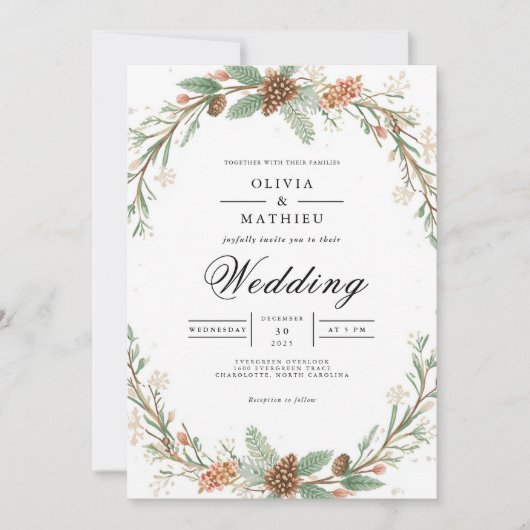Frosted Evergreen Arch Romance Wedding 招待状 (正面)