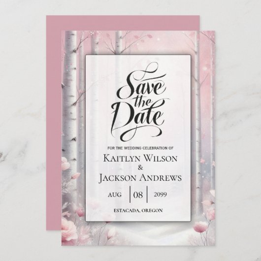 Frosted Petals in a Winter Woodland Wedding セーブザデート (正面/裏面)