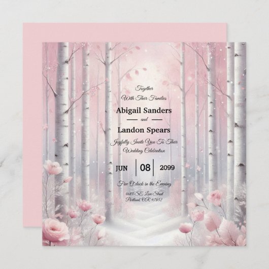 Frosted Petals in a Winter Woodland Wedding 招待状 (正面/裏面)