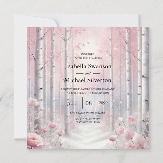 Frosted Petals in a Winter Woodland Wedding 招待状 (正面)