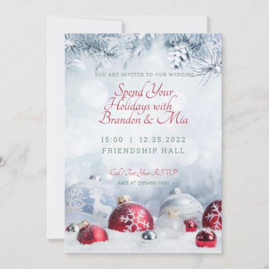 Frosted Pine and Christmas Ornament Wedding  招待状 (正面)