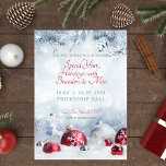 Frosted Pine and Christmas Ornament Wedding  招待状<br><div class="desc">Introducing our stunning Christmas-themed wedding invitation that will transport your guests straight into a winter wonderland. The invitation boasts a gorgeous snow-frosted pine at the top that adds a touch of natural beauty and rustic charm to the design. At the bottom, you'll find bright and bold red and silver Christmas...</div>