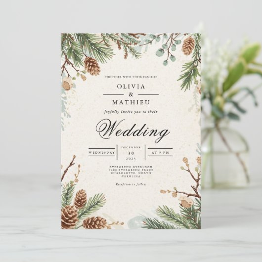 Frosted Pinecone Botanical Wedding 招待状 (スタンド正面)