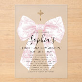 FROSTED Pink Toile Bow Cross Girl First Communion アクリル招待状 (正面)