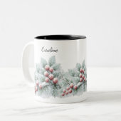 Frosted Winter Berry and Spruce Botanical Holiday  ツートーンマグカップ (正面左)