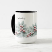 Frosted Winter Berry and Spruce Botanical Holiday  マグカップ (正面左)
