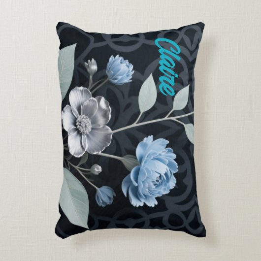 Frosted Winter Floral, Icy Blue & Silver Pattern R アクセントクッション (正面(垂直))