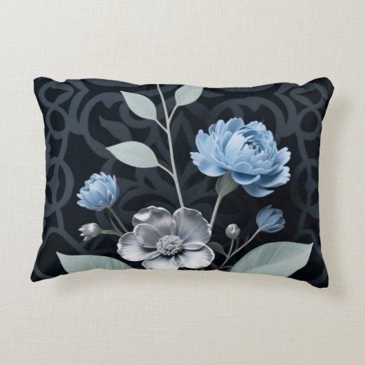 Frosted Winter Floral, Icy Blue & Silver Pattern R アクセントクッション (裏面)