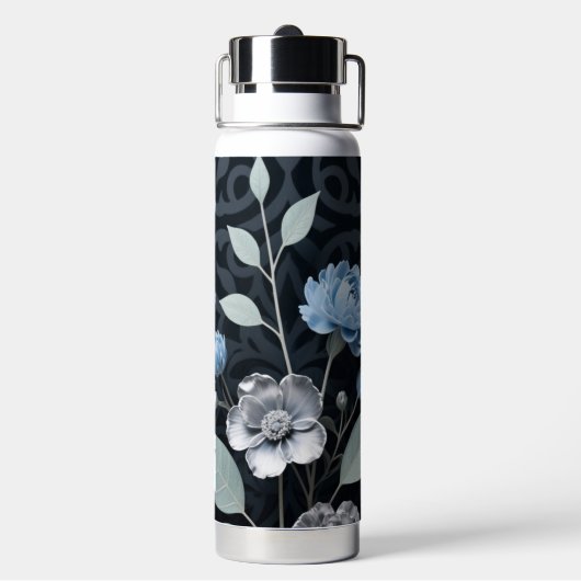 Frosted Winter Floral, Icy Blue & Silver Pattern R ウォーターボトル (背面)