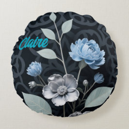 Frosted Winter Floral, Icy Blue & Silver Pattern R ラウンドクッション