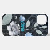 Frosted Winter Floral, Icy Blue & Silver Pattern R iPhoneケース (裏面横)