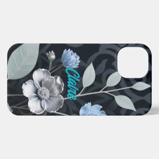 Frosted Winter Floral, Icy Blue & Silver Pattern R iPhoneケース (裏面横)