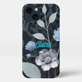 Frosted Winter Floral, Icy Blue & Silver Pattern R iPhoneケース (裏面)