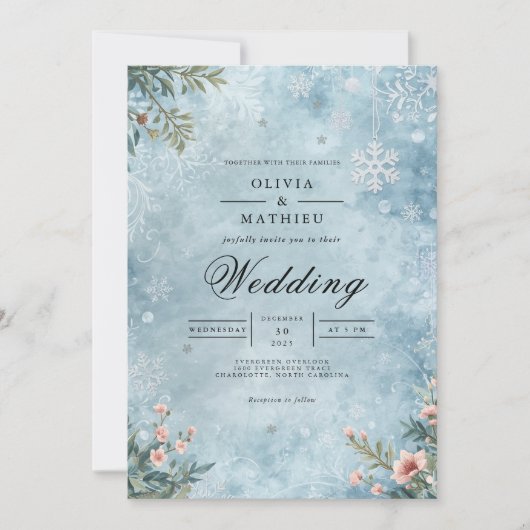 Frosted Winter Snowflakes Wedding 招待状 (正面)