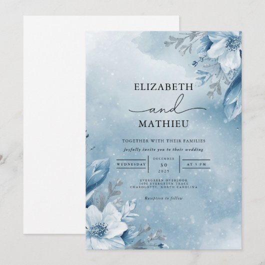 Frosty Azure Bloom Wedding 招待状 (正面/裏面)
